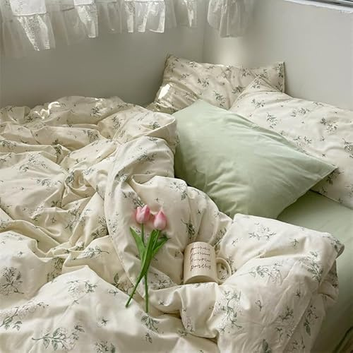 Freyamy White Double Duvet Cover Set 3pcs Aesthetic Green Floral Bedding | Soft Lovely Romantic Microfiber Bedding Set Single Size 200x200 cm and 2 Pillowcase 50x75 cm