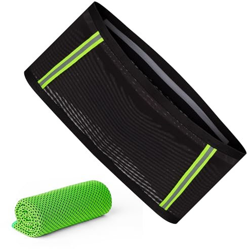 Riñonera Running Reflectante y Cinturon Running Unisex Ajustable con Porta Bastones, 4 Bolsillos y Diseño sin Costuras,Alta Visibilidad 360°,Comodidad Antirrebote con Toalla de Microfibra de Regalo-XL