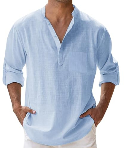 Generisch Leinen Hemd Herren Langarm, Leinenhemd Herren Langarm Bügelfrei Sommerhemd Regular Fit Stehkragen Leinen Hemden Leichtes Baumwollhemd mit Button Down