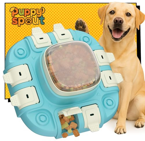 puppyspout Dog Puzzle Toy：2 Levels for Smart Dogs, Slow Feeder with Button for IQ Training and Mental Enrichment for Small Medium Large Dogs