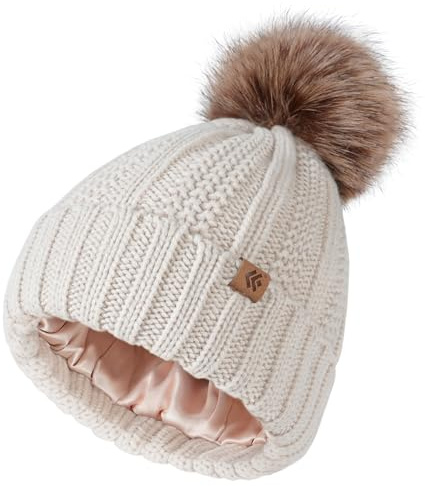 Creekstone Bommel Beanie-mütze Damen, Satin gefütterte Wintermütze, Warme Strickmütze Mit Kunstpelz Bommel Pom Pom Beanie