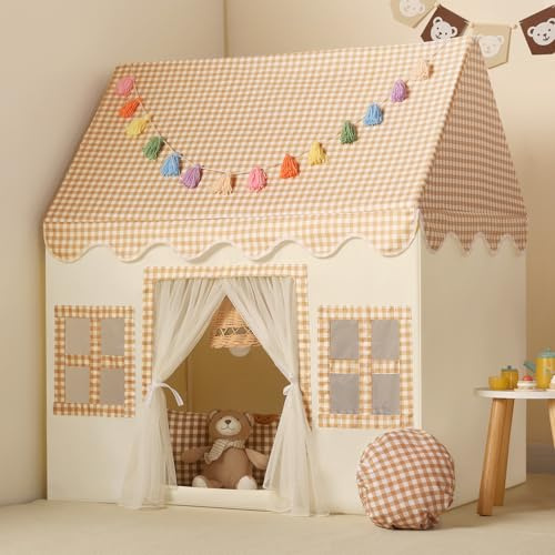 Wilwolfer Tienda de campaña Infantil: Jugar en Interiores y Exteriores - Tipi Casita Infantil con Guirnalda de borlas y Alfombra - Casa Grande para Niñas y Niños