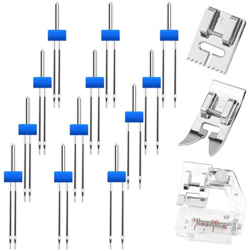 Paquete de 6 agujas gemelas, doble aguja con base de 9 ranuras y prensatelas universales, 3 tamaños, agujas dobles elásticas para máquina de coser, alfileres para máquinas de coser domésticas