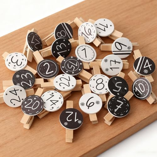 YIEUR 48 Stück Weihnachten Klammern, 2 Sets Adventskalender Zahlen Holzklammern,1-24 Weihnacht Mini klammern für Fotos Weihnachts-Countdown-Kalender Christbaumschmuck(weiß)