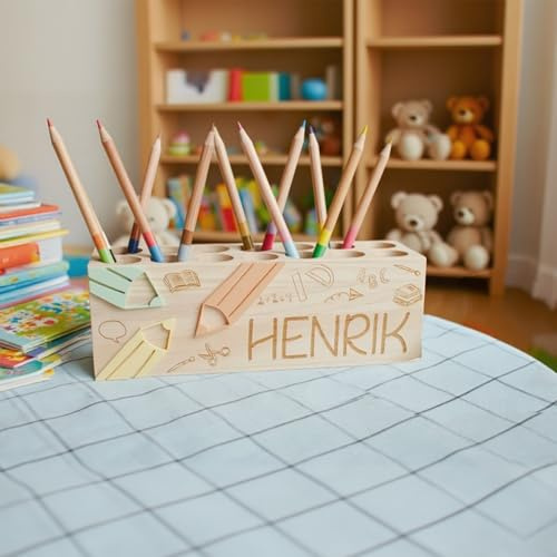 SUNUCO Personalisierter Stifthalter holz, Schreibtisch-Organizer mit Schulmotiven, stifthalter schreibtisch, Einzigartiges Geschenk zum Schulbeginn für Neulinge & Kinderzimmer