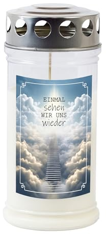 Grabkerze - Gedenkkerze Motiv Einmal sehen wir uns wieder 70-90 Std. Brenndauer Trauerkerze - Langlebig, 100% Pflanzenöl, Weiß mit Silberdeckel TLB