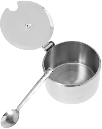 VICASKY Pot à Condiments Rond en Acier Inoxydable 1 Set avec Couvercle | Petite Cuillère, Format Compact pour Plans de Travail et Placards, Récipient Argenté Multi-usage