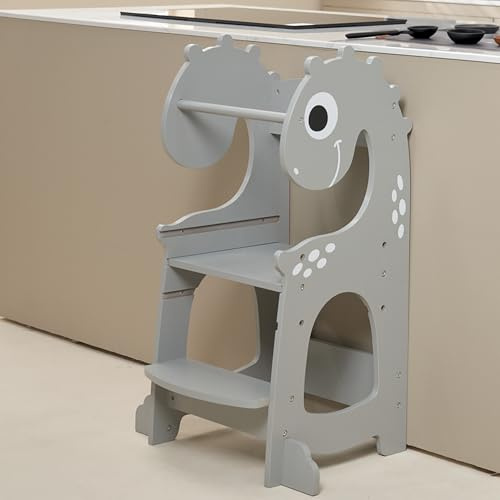 Kidoz Height Adjustable Standing Tower - Nursery Step Stool for Kids - Adjustable Kitchen Counter Tower - Wooden Kitchen Helper - Dinosaur Design