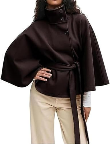 Manteau Court en Laine Mélangée for Femme, Poncho À Manches Chauve-Souris, Veste Cape en Laine À Col Montant Et Ceinture, Veste Cape À Boutons