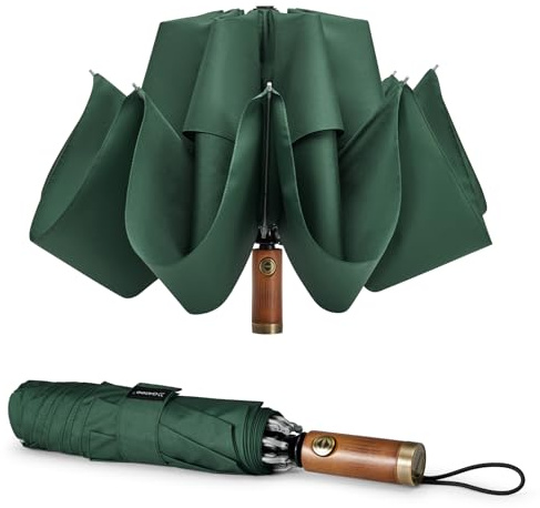 G4Free 54 Inch Inverted Windproof Umbrella with Wooden Handle, Large Double Canopy Auto Open & Close Golf Umbrella, Portable & Durable Rain Umbrella for 2 people, Fits Car & Backpack(Dark Green)