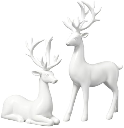 Pipihome Weihnachtsdeko Innen, 2 Stück Hirsch Deko Weihnachten | Rentier Figuren Skulptur Winter, Weihnachts Deko Modern für Tisch, Wohnzimmer, Küche, Fensterbank, Bücherregal, Weiß
