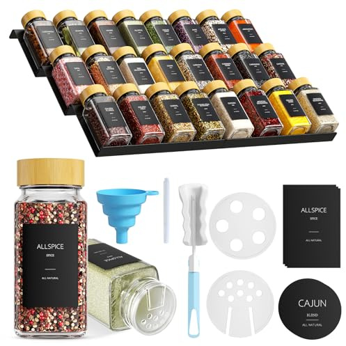 BugyKido Estantería para especias con cajón con estante, 24 x 120 ml, 372 etiquetas para especias, tarros de especias con 6 estantes para especias y 48 compartimentos para esparcir, organizador de