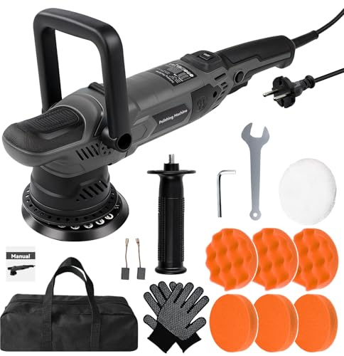 Pulidora Orbital 1600W, Kit Pulidora Coche, Máquinas Pulidoras Excéntrica 15mm, 6 Velocidades Variables con Plato de Pulido de 5 Pulgadas, Mango en D Extraíble, para Detallado, Pulido y Encerado