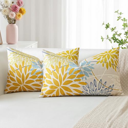 Artscope 2 Pieces Dahlia Floral Yellow Blue Geometric Cushion Covers 40 x 60 cm, Spring Cushion Bohemian Flowers Decorative Linen for Home Decoration Living Room Bedroom Sofa