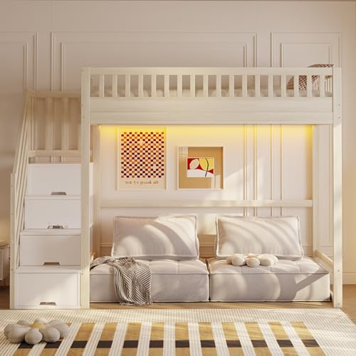 Kebnor Hochbett mit Sicherheitsleiter, Sicherheitsgeländer, Bettrahmen aus massivem Kiefernholz, LED-Lichtleiste, austauschbaren Sicherheitsleitern auf beiden Seiten, Kinderbett(Holzfarbe 90 x 200cm)