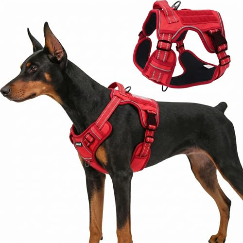 AIITLE Adjustable Tactical Dog Vest Harness for Large Dogs, Red, L | No Pull Service Vest with Handle & PALS Webbing, Reflective No-Choke Design, Dual Metal Leash Clips for Training Walking