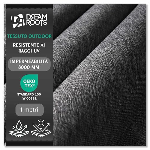 DreamRoots Tessuto Impermeabile per Esterno al Metro Effetto Lino Resistente UV - Tela Cerata con Rivestimento PU, 240 g/m², 8000 mm Colonna d'Acqua, 60.000 Martindale - Grigio, 1 m