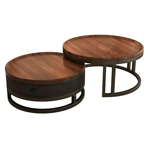 Generisch Couchtisch rund 2er Set mit Stauraum, Wohnzimmertisch mit Holz Schubladen, Walnussoptik und Metallrahmen, Moderne Kaffeetische Satztische Sofatisch für Wohnzimmer Schlafzimmer