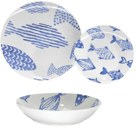 Servizio di Piatti 18 Pezzi Set 6 posti tavola Completo con Decorazione marine mare Pesci Blu per eleganza stile Casa al Mare in Porcellana