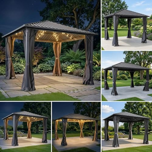 BRAST Pavillon Aluminium Miami | Größen 3x3m 3x4m 4x4m | viele Modelle | Hardtop mit Stahlach | wahlweise mit LEDs | Moskitonetz | Anthrazit | wasserdicht | UV-Schutz | 3x3m inkl. LEDs