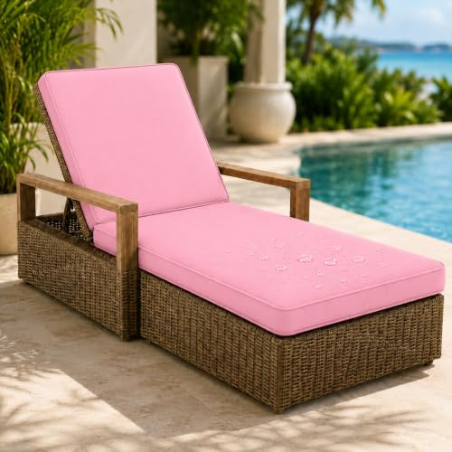 AZMAHT Cojines Tumbonas Jardin Exterior, Colchoneta Tumbona Exterior Impermeable, Espuma 50D, Antideslizante con 6 Cintas, Funda Extraíble, Solo Cojín,Rosado,203x66x8cm