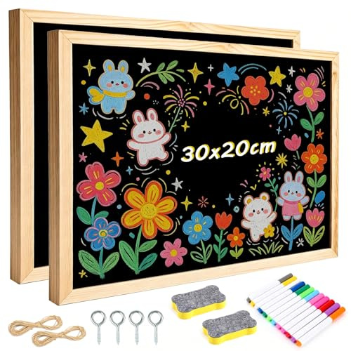 2 Pezzi Lavagna in Ardesia Set, 30x20cm Lavagna Nera A4, Lavagnetta Cucina con Cornice in Legno, Lavagna da Parete Scrivibile e Cancellabile, Lavagna per Gesso per Promemoria Menu Casa Ufficio