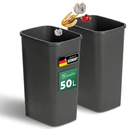 Novaliv 2er Set Mülleimer 50L ohne Deckel Anthrazit, Offener Papierkorb Abfalleimer für Küche Gewerbe Werkstatt Lager, Müll Eimer Bin Abfallbehälter Kunststoff Mülltonne Eckig Made in Germany