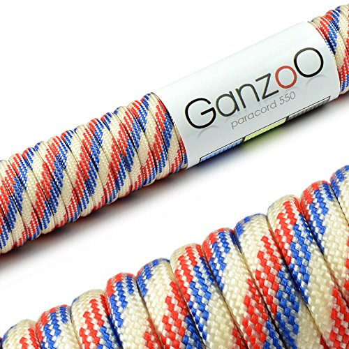 Ganzoo Paracord 550 cordlina Typ 3, nylon-polyester 4 mm, 30 m rulle med 7 kärnsträngar, för knyta armband, halsband och hundkoppel, allroundlina till friluftsaktiviteter och utrustning, vit röd blå