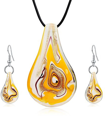 Aituo Murano inspired spiral flower heart-shaped coloured glaze necklace earrings set