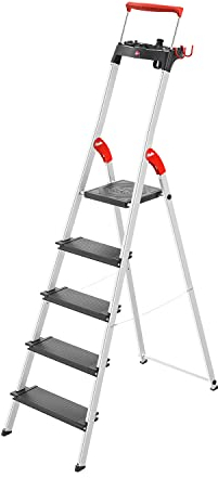 Hailo L100 Topline Alu-Sicherheits-Stehleiter - 5 XXL-Stufen bis 150 kg - Stehleiter mit ausziehbarem Haltebügel, Plattformverriegelung - viel Zubehör - klappbare Aluleiter Made in Germany - schwarz