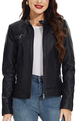 Fahsyee Women's Faux Leather Jackets, Zip Up Motorcycle Short PU Moto Biker Outwear Stand Collar Coat Size S Black