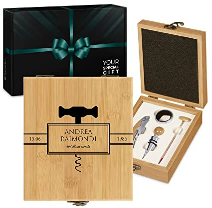 Maverton Set Cavatappi da Vino, Kit da Sommelier Degustazione Perfetta | Personalizzato, Scatola in Legno di bambù + 4 Pezzi di Accessori Vino, Regalo Uomo, regalo di Natale, Ottima Annata