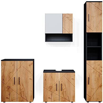 Vicco Badmöbel-Set Goldkraft Eiche/Anthrazit Irma, bestehend aus Badspiegelschrank, Waschbeckenunterschrank, Midischrank, Hochschrank - Versteckter Stauraum hinter eleganten Türen