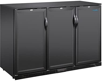 Polar Refrigeration G-series 280W Triple Door Back Bar Cooler Fridge 320 Litre, Black, 2°C to 8°C, 850(H) x1350(W) x520(D) mm, Solid Lockable Doors, 6 Shelves, Energy Rating B | GE999