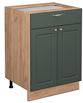 Vicco Küchenunterschrank Fame-Line, Grün-Gold Landhaus, 60 cm | MDF-Front · Ohne Arbeitsplatte · Höhenverstellbare Füße · Metallgriffe · Soft-Close