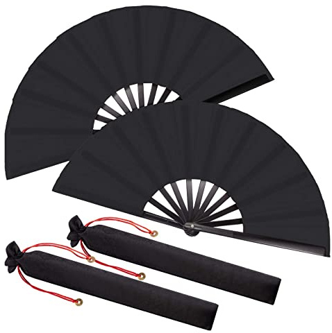 FLOTRUTE 2 Stück Große Faltbare Seide Hand Fächer Hand Faltbare Fächer Chinese Tai Chi Faltbarer Fächer für Männer und Frauen Leistung, Tanz, Dekorationen, Festival, Geschenk (Schwarz)