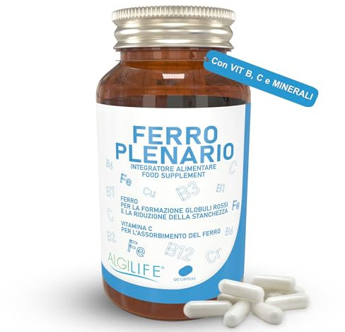 Integratore Ferro Forte con Vitamina C, Vitamina B, Minerali, Rame, Cromo (100 Capsule) ALGILIFE Ferro Plenario - Integratore Pressione Bassa, Globuli Rossi, Stanchezza e Spossatezza
