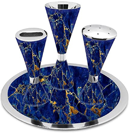 Zion Judaica Elegantes Ende des Shabbat Havdalah-Set, moderner Stil, vernickelt, Blauer Marmor-Aufkleber, mit Fuß, Kiddush-Tasse, Kelch, Tablett, Besamim-Gewürzbox, Shabbos-Dekoration
