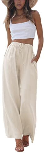 Faleave Women's Cotton Linen Summer Palazzo Pants Flowy Wide Leg Beach Trousers with Pockets(Apricot-S)