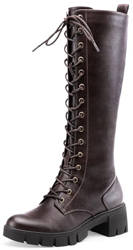 Jeossy Women's Knee High Combat 9603 Boots, Tall Platform Chunky Heel Boot with Lace, Synthetic Leather Long Comfy, Round Toe Boot with Zipper, Whisky, Size 8(DJY9603 Whisky 08)