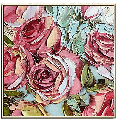 Handgemalte Acrylbilder, Rosa Rose Blume Grüne Blattpflanze Modernes Abstraktes Kunstwerk Rahmenlose Handölgemälde Auf Leinwand Wandkunst Für Wohnzimmer Schlafzimmer Büro Wohnkultur,60X60Cm(24