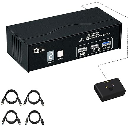 CKLau USB 3.0 2 Port Displayport KVM Switch 2 Monitor 2 Computers 4K60Hz 2K144Hz with Cables, DP 1.2 KVM Dual Monitor Keyboard Mouse Video Peripheral Switcher Box