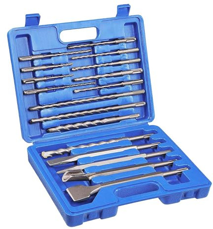 AIMLENTOOL Set di 17 punte per trapano a percussione e scalpello, con punta in carburo, punte da trapano e scalpelli per calcestruzzo, pietra, mattoni, con custodia portatile