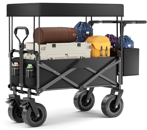 Tawxot 100L Bollerwagen faltbar mit Dach, Gartenwagen klappbar bis 100kg Tragkraft, 600D Oxford-Gewebe, Verstellbarer Griff, Handwagen für Alle Gelände, Draussen Camping Einkaufen (Schwarz)