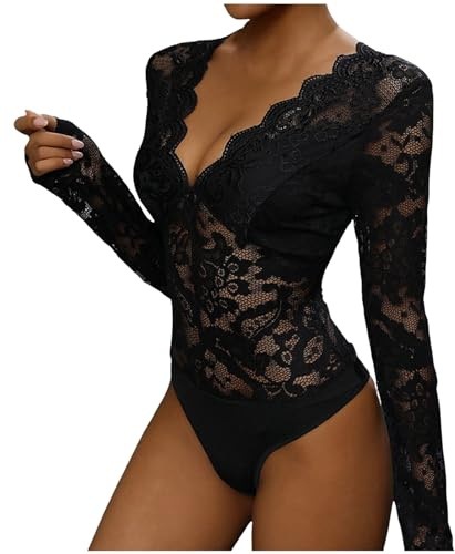 KBOPLEMQ Body da donna in pizzo, trasparente, top in pizzo, a maniche lunghe, per feste, con scollo a V, sexy, monoblocco, elegante, scollo rotondo, in rete, top trasparente