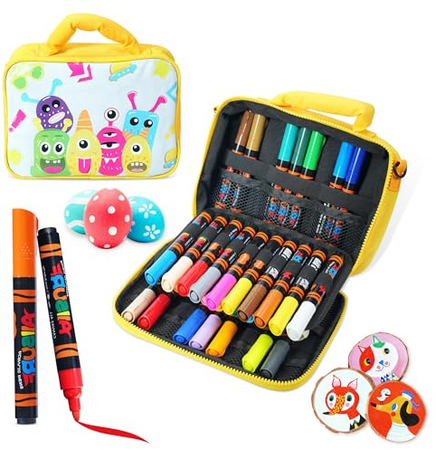 YPLUS Acrylmalstifte für Kinder, dauerhafte wasserfeste Stoffmarker, Acrylmarker zum Malen für Steine, Kleidung, Holz und mehr – 24 Farben mit Tasche – Gelb