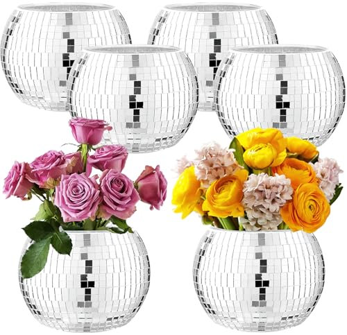 6 Pcs Silver Mirror Disco Vase - 3 X 4 Disco Ball Vase for Centerpieces, Glass Planter Candle Holder for Wedding, Birthday, Party, Office, Bedroom
