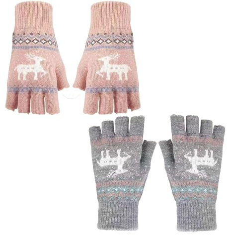 Fingerlose Handschuhe,Winter Gestrickte Halb Fingerhandschuhe,Thermisch Fingerlose handschuhe,Halb fingerlose handschuhe,Geeignet für Outdoor-Aktivitäten, Sport und Büroarbeiten,Grau und Rosa,2 pcs