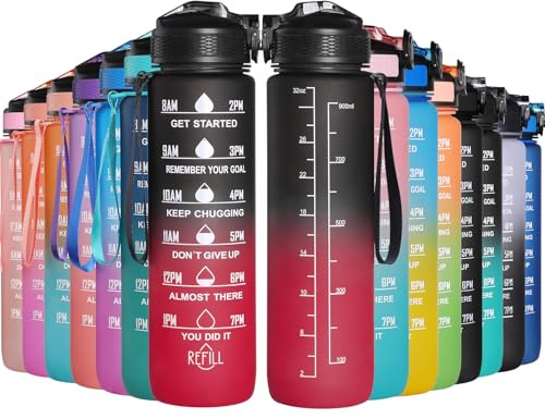 GeeRic Botella de Agua 1L, Botella Agua Gimnasio con Pajita Portátil con Escala/Indicador de Tiempo Botella de Bicicleta para Gimnasio, Escuela,Deportes,Ciclismo (Negro Rojo)