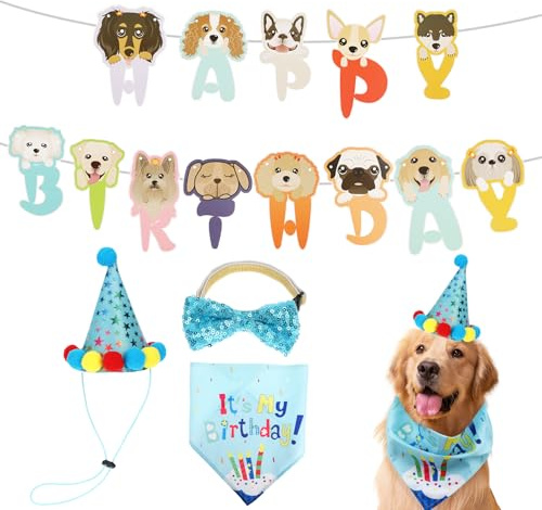 Jeffdad Suministros de fiesta de cumpleaños para perros, sombrero de cumpleaños, pajarita, bandana, pancarta, decoración de cumpleaños temática de cachorros, para decoración de fiesta de cumpleaños de